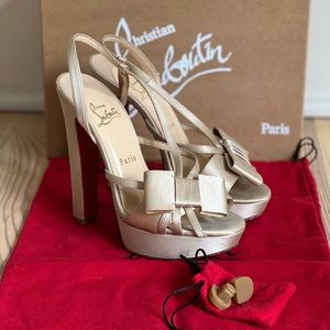 Christian Louboutin Disconoeud 140 Satin Champagne platform heels.